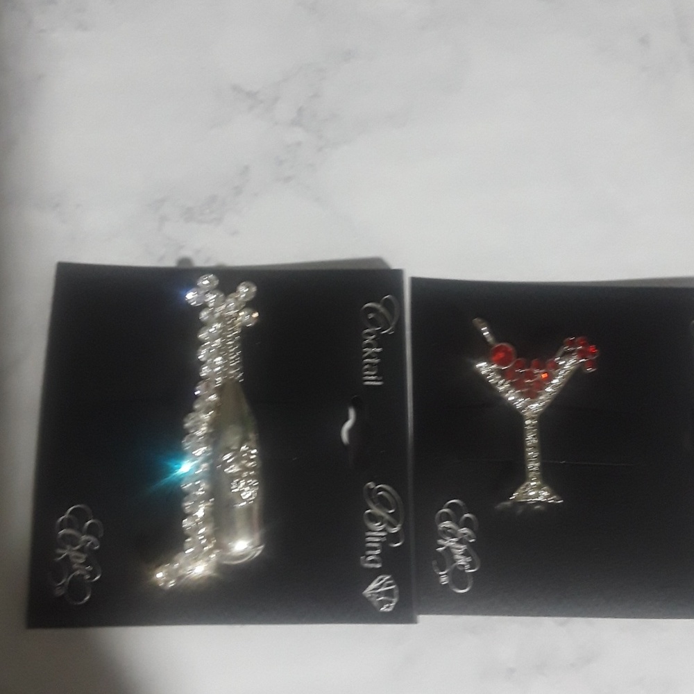 Set of Vine Bottle And Red Martini Pin Brooch